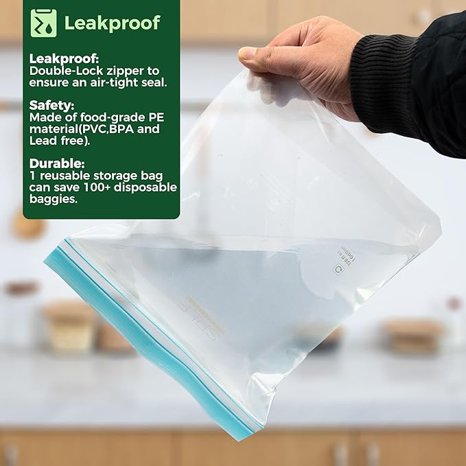 SPLF 20 Pack Reusable Sandwich Bags Dishwasher Microwave Safe, BPA Free Extra Thick Leakproof Reusable Food Storage Bags Silicone Free Quart Size Freezer Bags Containers