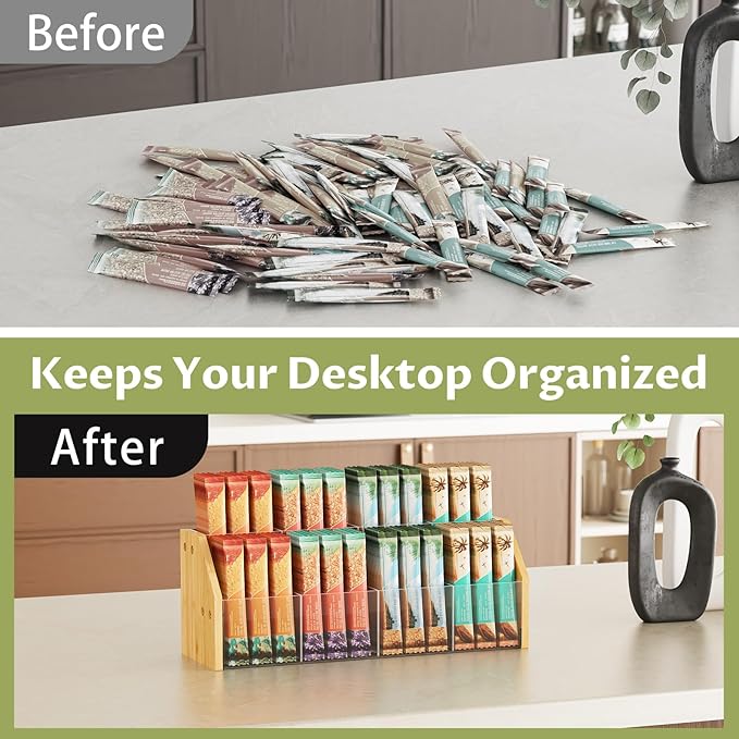NiHome 2-Tier 8 Compartments Drink Packet Organizer, Bamboo and Clear Acrylic Storage Rack for Tea Bags, Sugar Packets, Flavor Mixes, Seasoning Sachets, Easy Access & Space-Saving Countertop Organizer