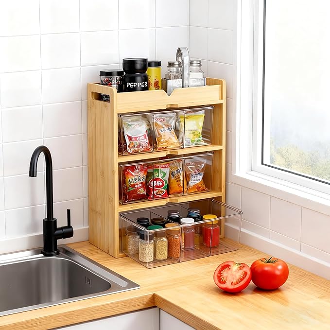 4 Tier Bamboo Tea Bag Storage Organizer, 15.5" x 11" x 5.3" Vertical Tea Packet Rack with Acrylic Drawer, Store Over 180 Tea Bags Wood Tea Station for Creamers Countertop Office Kitchen