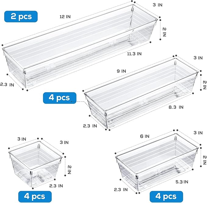 14 PCS Clear Plastic Drawer Organizer Tray for Makeup, Kitchen Utensils, Jewelries and Gadgets