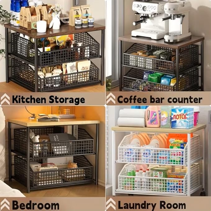 Kitchen Countertop Organizer with Drawer & Wire Basket, 3-Layer Fruit Storage Basket Snack Rack Hardwood, Desktop Pull-Out Metal Organizers for Coffee Maker Microwave Toaster & Spices (3-Layer White)