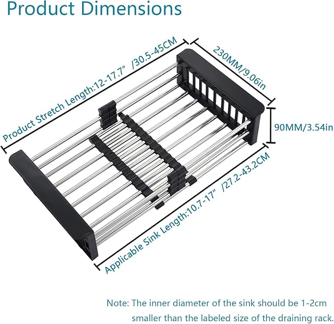 Small Black Dish Drying Rack - Stainless Steel Adjustable Dish Drainer, Compact Kitchen Sink Organizer for Fruits Vegetables (12.5-18 Inches)