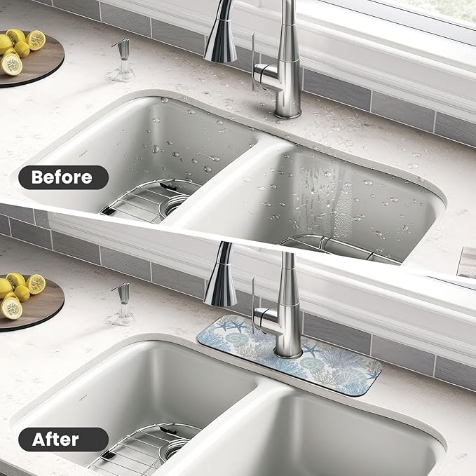 Ocean Sea Shell Starfish Coral Coastal Nautical Kitchen Sink Splash Guard Faucet Mat 1 Pcs, Absorbent Fast Drying Mat Gadgets Splash Guard For Bathroom 15 X 5.5 Inches