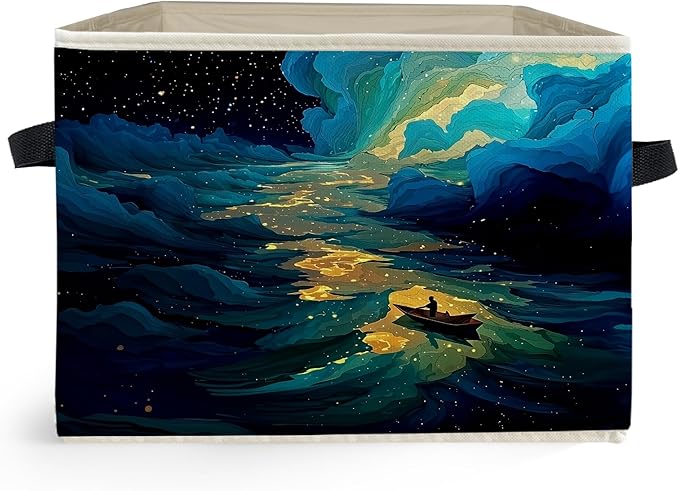 Dreamy Starry Sky Night Storage Box Bins, Blue Fantasy Galaxy River Boating Collapsible Storage Basket Organizer for Bedroom Laundry Room Home Clothes Toys Books, Toybox for Girls Boys