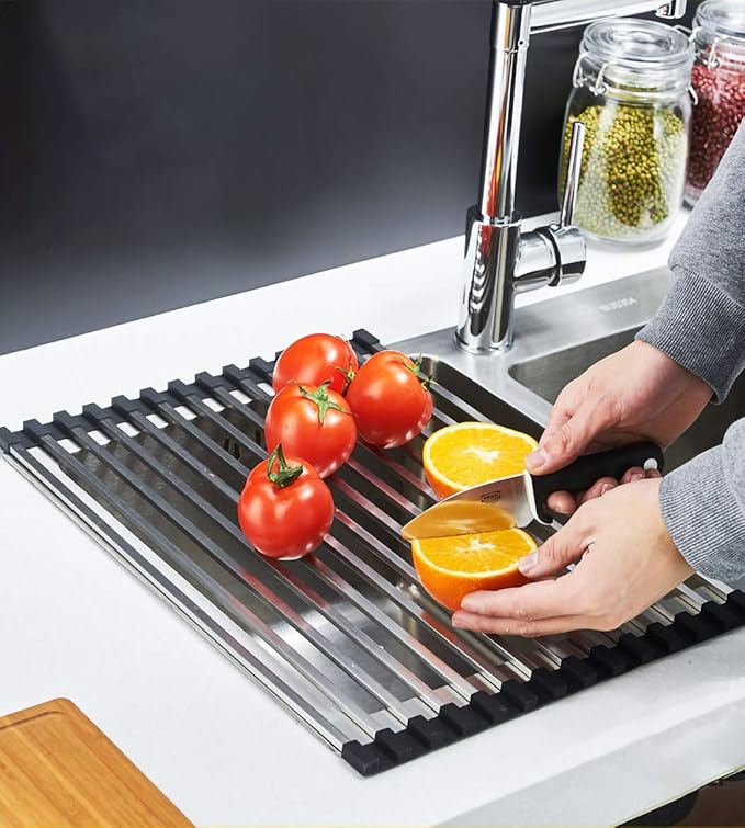 Ahyuan Roll up Dish Drying Rack Over the Sink Dish Drying Rack Square Tubes Dish Rack Over Sink Dish Racks for Kitchen Counter RV Camper Accessories for Travel Trailers (Black, 17.8''Wx13.4''L)
