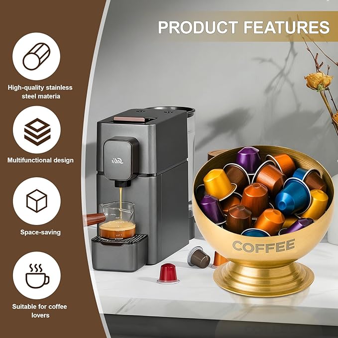 Coffee Pod Holder - Large Capacity Gold Metal Coffee Pod Storage, Coffee Pod Basket, Coffee Bar Organizer for Kitchen and Office Countertop(Gold-7.1in/18cm)