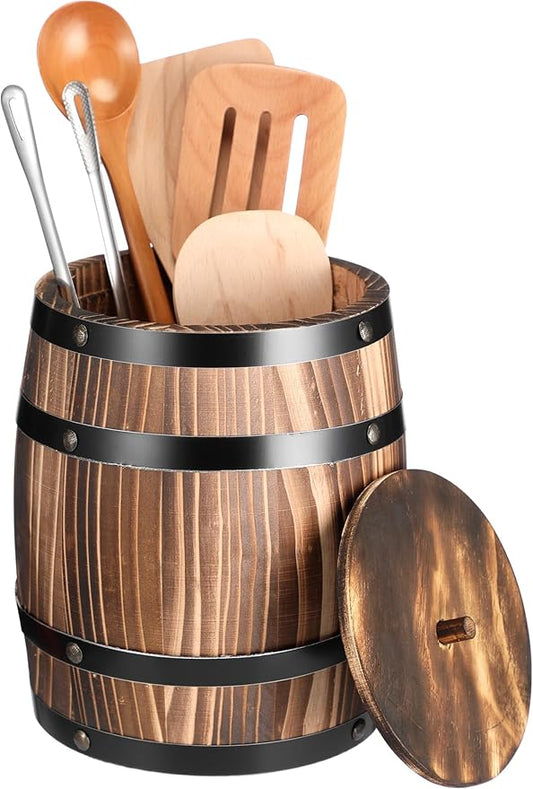 8" x 6.5" Wine Barrel Design Kitchen Utensil Crock with lid Large Wood Cooking Tool Holder for Kitchen Counter Rustic Organizer for Spatula Whiskey Barrel Storage Container Planter Decoration
