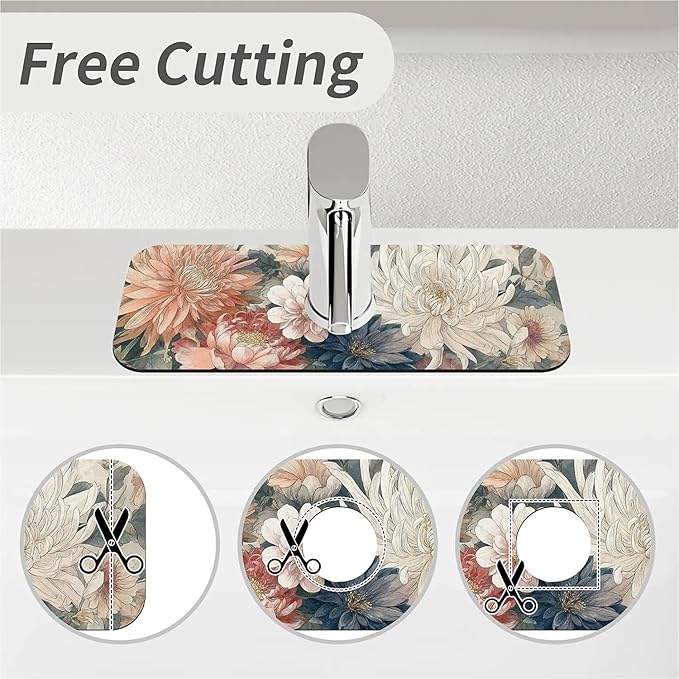 Kitchen Sink Splash Guard，Array of flowers Faucet Mat Sink Gadgets-Super Absorbent Fast Drying Mat Drip Catcher for Kitchen, Bathroom,Sink Mat, Dish Drying Mat, Bathroom(15" X 5.5" )
