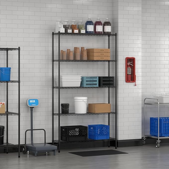 Commercial NSF Listed Black Epoxy Stationary Wire Shelving Kit 12" x 48" x 86", with 5 Shelves Perfect for Warehouse, Walk-in Refrigerator, Freezer, Grocery Store, Restaurant, Dishroom