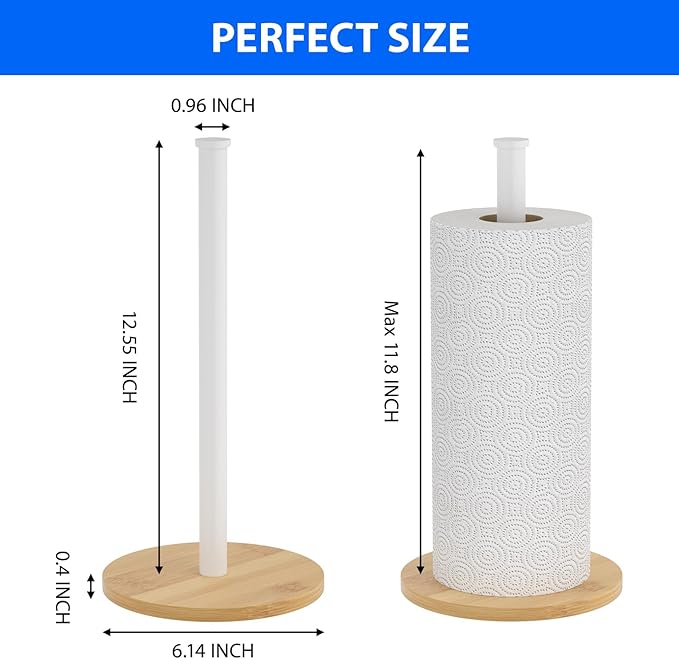 Paper Towel Holder Countertop, Weighted Wooden Base, Stainless Steel, FreeStanding, Easy Install, Durable, Ideal for Home,RV,Bathroom,Farmhouse Essentials Decor Accessories (White)