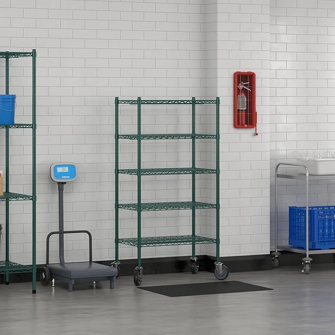 Commercial NSF Listed Green Epoxy Mobile Wire Shelving Kit 18" x 30" x 60", with 5 Shelves Perfect for Warehouse, Walk-in Refrigerator, Freezer, Grocery Store, Restaurant, Dishroom