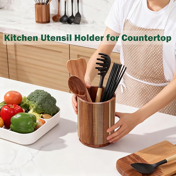 Acacia Wood Utensil Holder - 360° Rotating Countertop Organizer with Non-Slip Base, Large Capacity Kitchen Utensil Crock for Spatula, Spoon & Cooking Tools