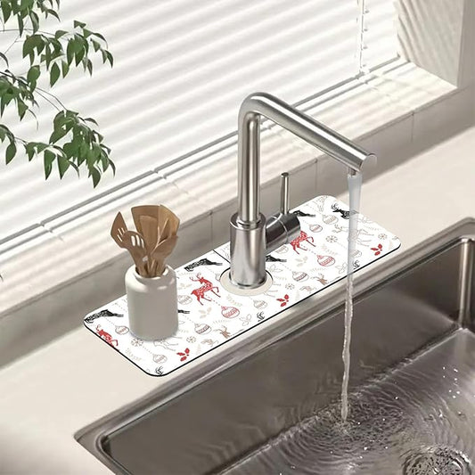 Chrismas Sink Splash Guard Faucet Mat Christmas Absorbent Fast Drying Mat Sink Gadgets Splash Guard Behind Faucet Drip Catcher for Kitchen Bathroom 15.5"X5.5"