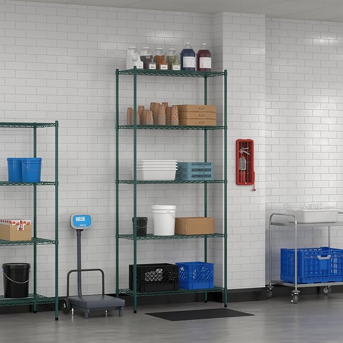 Commercial NSF Listed Green Epoxy Stationary Wire Shelving Kit 18" x 42" x 96", with 5 Shelves Perfect for Warehouse, Walk-in Refrigerator, Freezer, Grocery Store, Restaurant, Dishroom