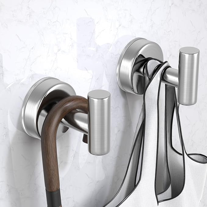 VINHOLD Suction Cup Hooks for Shower, Shower Hooks for Hanging Towels, Robes, Bath Balls, Stainless Steel Towel Hooks for Bathroom Wall, Glass Door, Kitchen, Mirror, Tile (2 Pack，Silver)