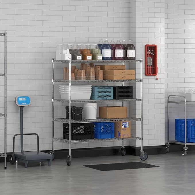 Commercial NSF Listed Chrome Mobile Wire Shelving Kit 24" x 48" x 60", with 5 Shelves Perfect for Warehouse, Walk-in Refrigerator, Freezer, Grocery Store, Restaurant, Dishroom