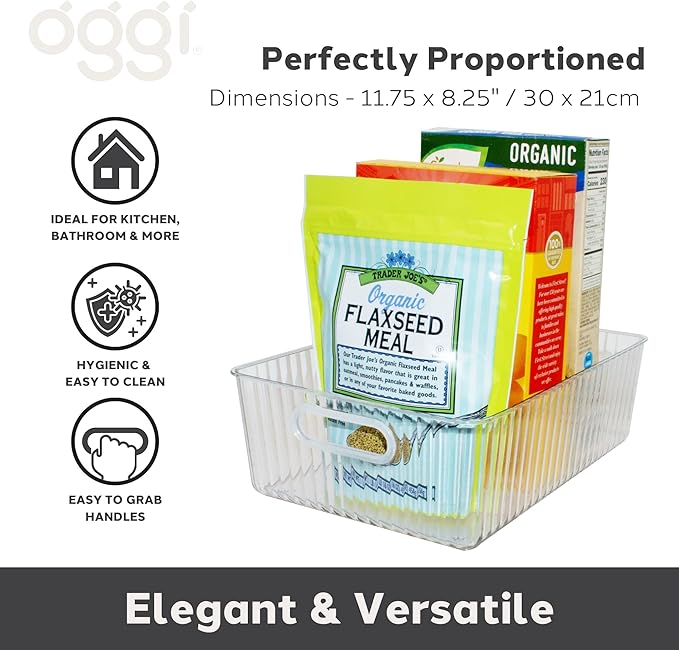 Oggi Clear Fluted Storage Bin with Handle - Durable Plastic Organizer for Fridge, Pantry, Cabinets & Countertop, Modern Farmhouse Style, Ideal for Kitchen Organization and Storage, 11.75" x 8.25"