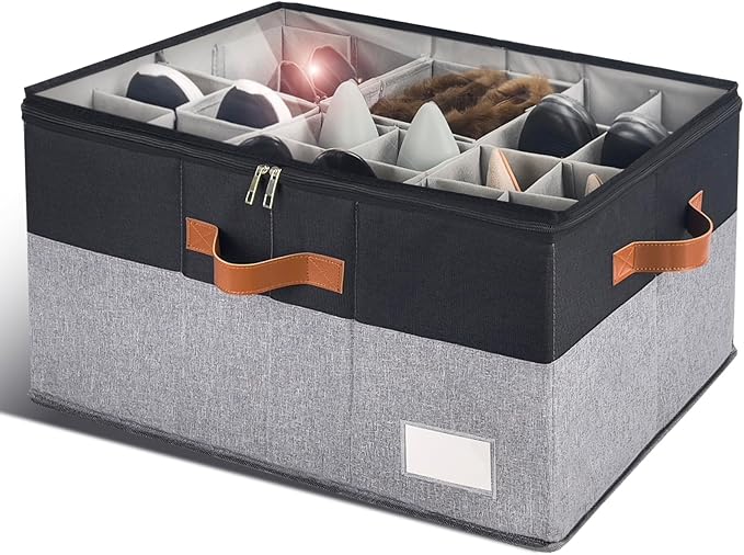 RONCHIL Shoe Organizer for Closet, Foldable Shoe Storage Bins with Clear Cover, Space Saving Shoes Holder with 4 Handles, Large Adjustable Shoe Box Storage Containers, Fits 12-24 Pairs, 1 Pack, Black