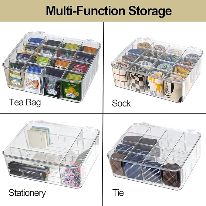 Socks Underwear Drawer Organzier Dividers, 16 Compartment Removable Divided Plastic Storage Bin with Lid, Storage Organizer for Scarves Ties Bras, Clear Dresser Drawer Organizers