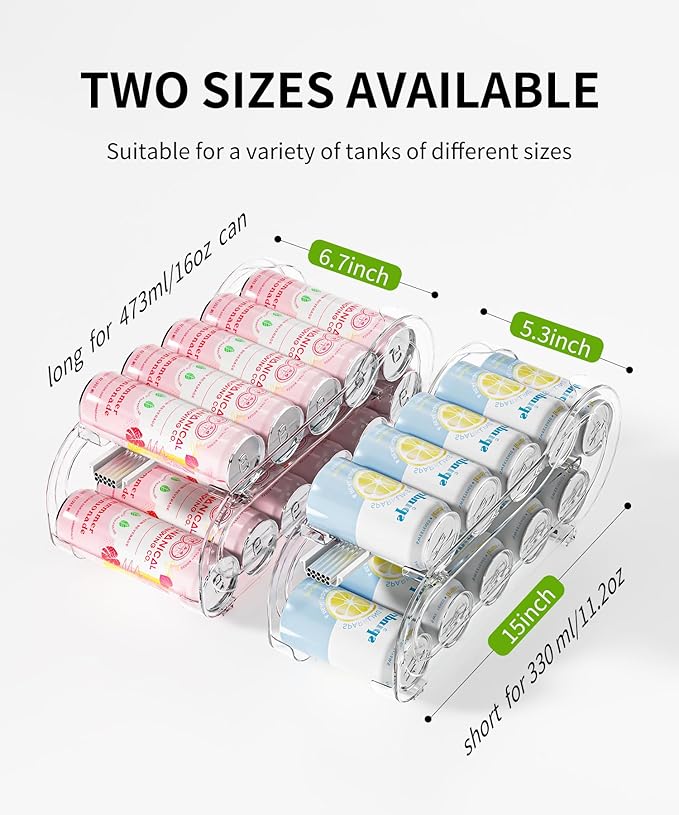 Soda Can Organizer 2 Pack, Automatic Rolling Can Organizers for Refrigerator - Wide+Slim 2 Size Can Dispenser for Fridge & Pantry Storage - Space Saving Kitchen & Beverage Organizer