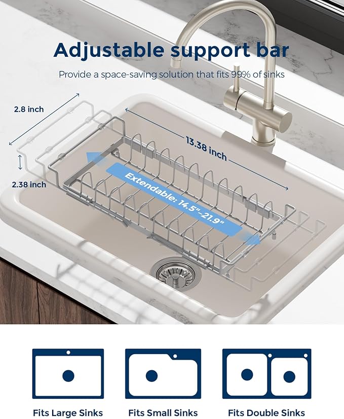 Nacial Small Dish Drying Rack with Utensil Holder, Expandable Dish Rack Over Sink with Auto-Drain Tray, Compact Dish Drainer for Kitchen Counter, Stainless Steel Dish Rack Fits 14''–21.8'' Sink, Gris