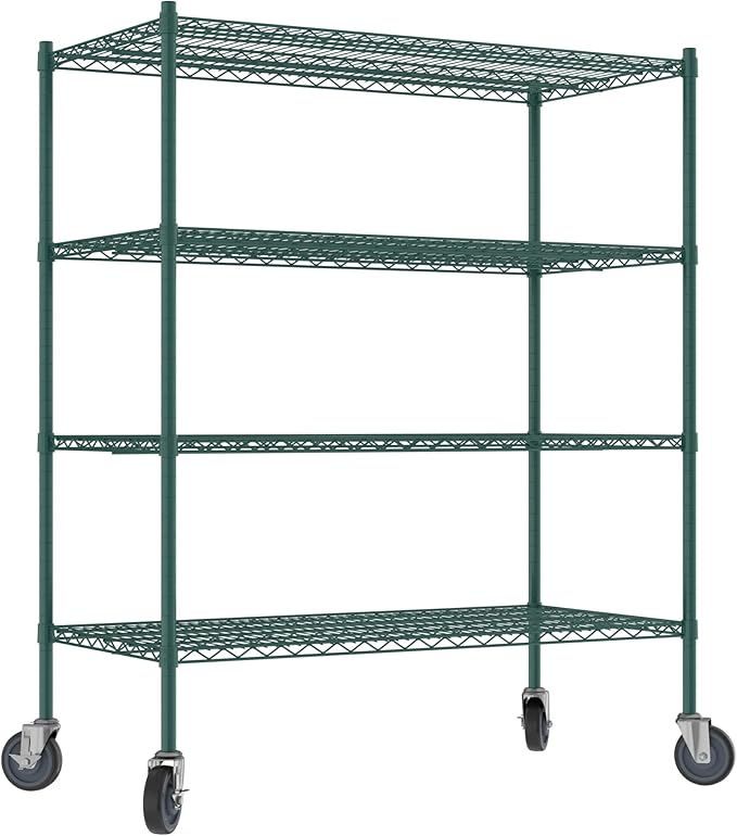 Commercial NSF Listed Green Epoxy Mobile Wire Shelving Kit 24" x 48" x 60", with 4 Shelves Perfect for Warehouse, Walk-in Refrigerator, Freezer, Grocery Store, Restaurant, Dishroom