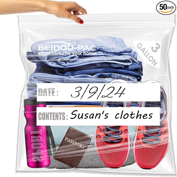 BEIDOU-PAC 3 Gallon Large Plastic Bags with Zipper Top, | 50 Count | 2 Mil | 16" x 18" | Heavy-Duty Reusable Clear Freezer Storage Bags
