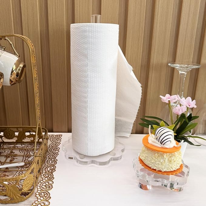 Paper Towel Holder Countertop,Clear Acrylic Standing Paper Roll Holder Thickening Sturdy Scalloped Base, Paper Towel Dispenser Stand for Kitchen Bathroom (Clear Acrylic, 5.9 inch)