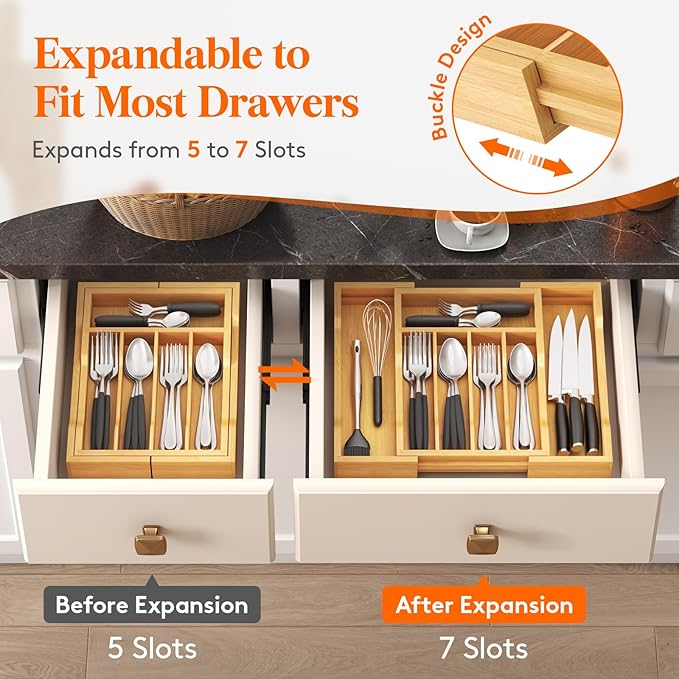 Lifewit Silverware Drawer Organizer, Expandable Utensil Tray for Kitchen, Bamboo Flatware and Cutlery Holder, Wood Adjustable Storage for Spoons Forks Knives, 9.4-15.7x13", Natural