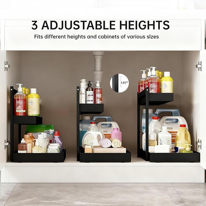 Bamboo Undersink Organizer Storage - 2-Tier Cabinet Shelf with Adjustable Levels, Under Sink Storage Slide Out for Cabinet Pantry Kitchen Bathroom
