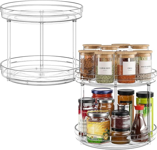 Optish 2 Set 2 Tier Lazy Susan Organizer for Cabinet, 9.5" Rotating Spice Rack Turntable Organizer for Pantry, Kitchen, Countertop, Bathroom, Vanity, Medicine Cabinet Organization