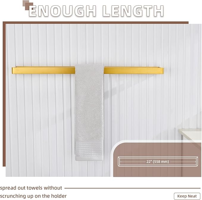 Angle Simple Bathroom Towel Holder, SUS 304 Stainless Steel Towel Bar Rack for Bathroom Kitchen Wall Mount, 22.76", Brushed Gold