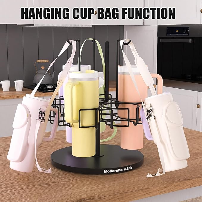 Water Bottle Organizer for Cabinet or Counter - Rotating Non-Slip Tumbler Organizer Holder for Stanley 40 Oz Cup with Handle - 2-In-1 Tumbler Display Storage Rack & Water Bottle Drying Rack - Black