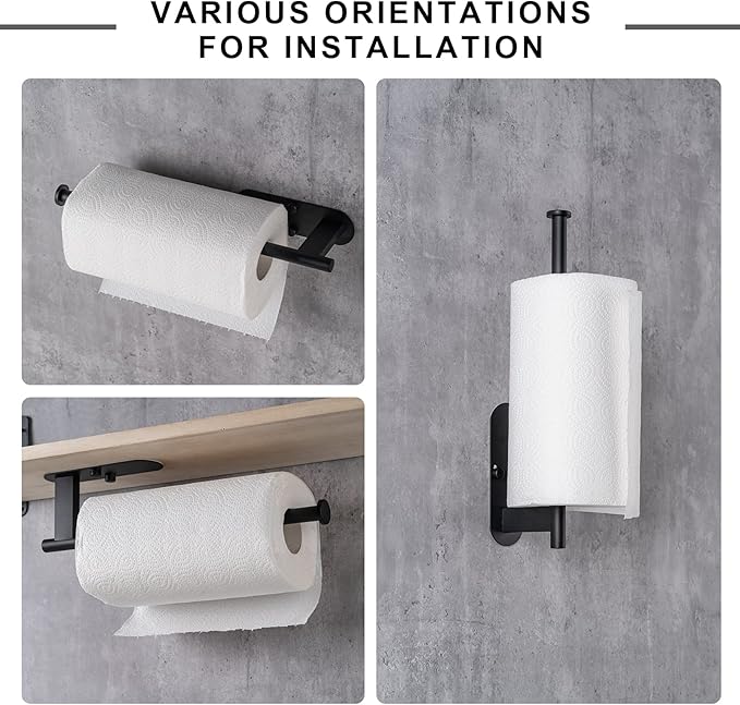 Paper Towel Holder, Upgrade SUS304 Stainless Steel Paper Towel Holder Under Cabinet, Bend-Resistant, Self-Adhesive or Drill mounting (Black)