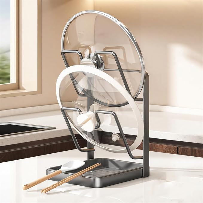 Kitchen Pot Lid Storage Rack & Spoon Rest – Heavy-duty Pot Lid Holder While Cooking with Removable Drip Tray,Multifunctional Countertop Storage Stand for Pots And Pans,Space-Saving Lid Rack-Gray