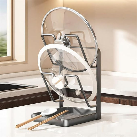 Kitchen Pot Lid Storage Rack & Spoon Rest – Heavy-duty Pot Lid Holder While Cooking with Removable Drip Tray,Multifunctional Countertop Storage Stand for Pots And Pans,Space-Saving Lid Rack-Gray
