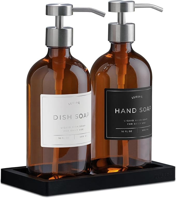 Lotion, Hand & Dish Soap Dispenser for Kitchen & Bathroom | Soap Dispenser Set of 2 16.8 Oz Glass Bottles with Stainless Steel Pump, 15 Water Proof Labels & Silicon Tray (Amber/Silver)