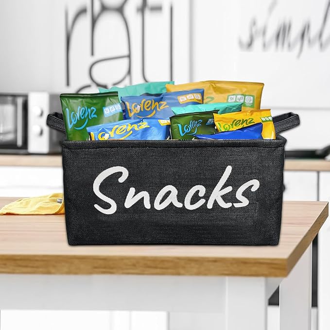 Snack Bin for Pantry - Snack Storage Basket Organizer for Storing Chips, Cookies, Pretzels, Popcorn and more - Kitchen Organization (Black 1pcs)