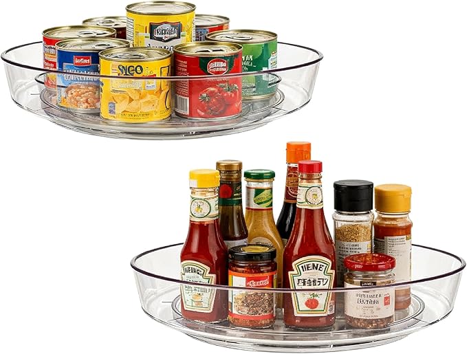 MiraFure Lazy Susan Turntable for Spice Organization | Clear BPA-Free Plastic Rotating Organizer for Kitchen Cabinet, Pantry, Countertop, Fridge | 360-Degree Rotating Base (10 inch - 2 Pack)