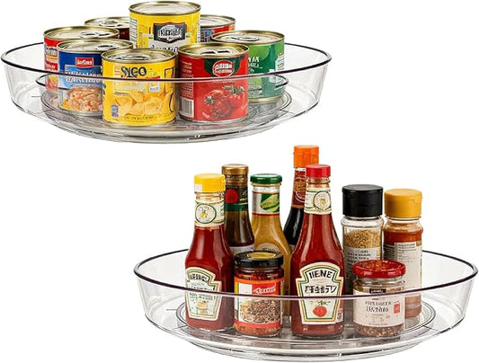 MiraFure Lazy Susan Turntable for Spice Organization | Clear BPA-Free Plastic Rotating Organizer for Kitchen Cabinet, Pantry, Countertop, Fridge | 360-Degree Rotating Base (10 inch - 2 Pack)
