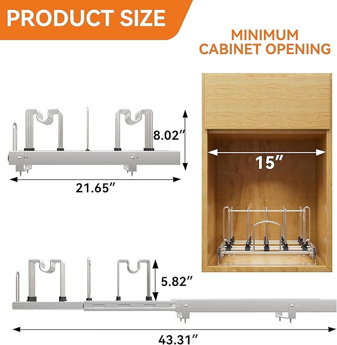 Pull Out Pots and Pans Organizer Under Cabinet, Sliding Adjustable Pot Rack with 11 Adjustable Dividers, Chromeplating Pot and Pan Holder Rack, Full-Extension Rail 15" W X 22" D