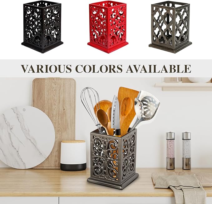 jogreful Utensil Holder, Cast Iron Kitchen Utensil Crock for Countertop, Extra Large Utensil Organizer with Weighted-Base, Housewarming Vintage Decor, Classic Style, Coffee Gold