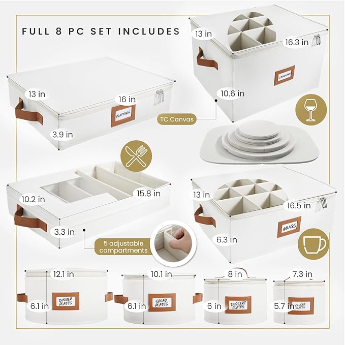 HOMELUX THEORY Wine Glass Storage Box with Dividers, Ivory Hard Shell China Storage Containers, Kitchen Storage Bins With Lids, Heavy Duty Moving Box for Packing Glasses, Stemware & Glassware