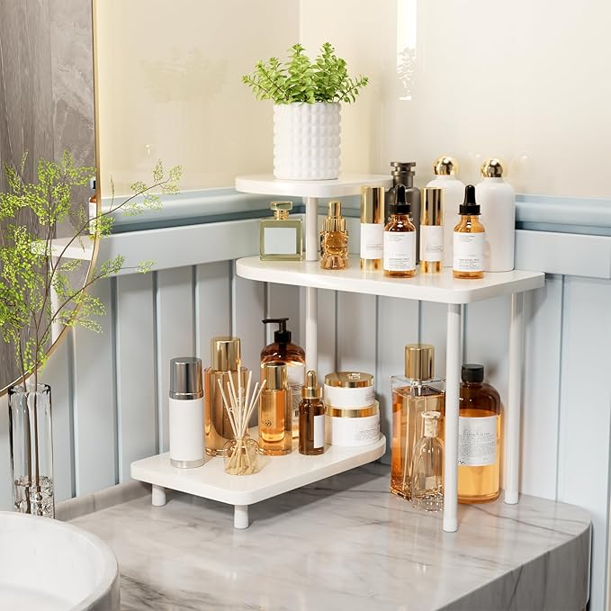 REFGY 3-Tier Bathroom Counter Organizer, Versatile Corner Vanity Shelf with Rotating Trays, Premium Metal and Wood-Texture Storage Rack for Skincare, Perfume, Kitchen Spice, and Home Decor, White