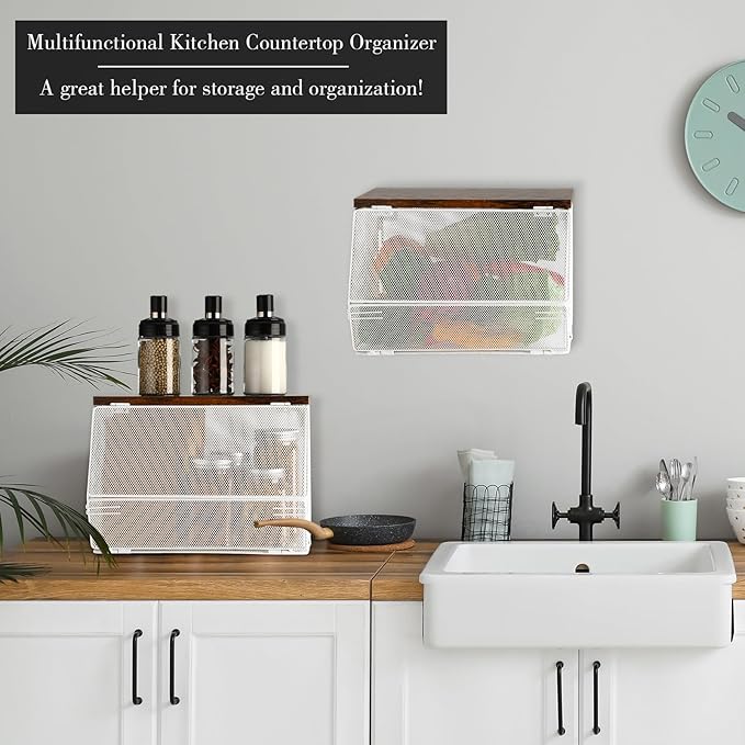 2 Pcs Stackable Mesh Fruit Basket with Lid Wall Produce Vegetable Storage Basket Onion Potato Snack Hanging Metal Wire Container for Kitchen Counter Pantry(Non-removable,White,7.1"w & 11.8"l)