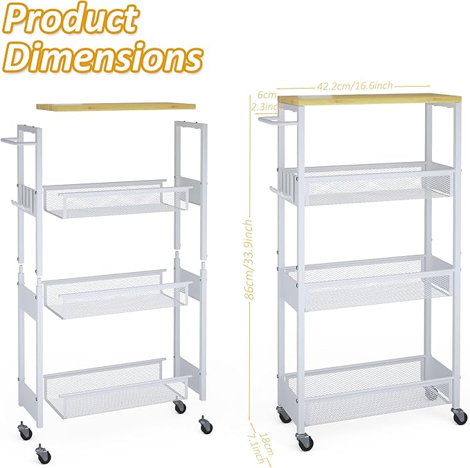 Slim Storage Cart on Wheels, 4 Tier Metal Narrow Rolling Cart with Handle and Wood Top, Multifunctional Small Mobile Shelf Unit Organizer Trolley for Laundry, Bathroom, Kitchen