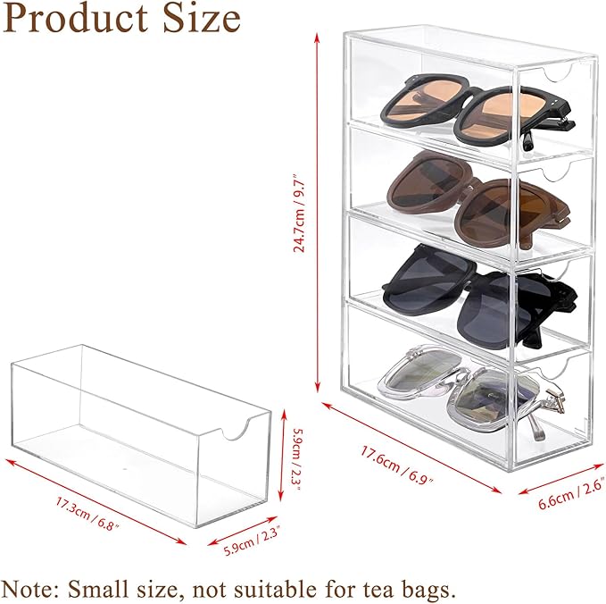Hipiwe Acrylic Drawer Organizer Glasses Case Multiple Pairs Clear Desktop Drawers Box with 4 Pull Out Drawers Sunglasses Display Case Eyeglass Storage Organizer for Glasses Jewelry