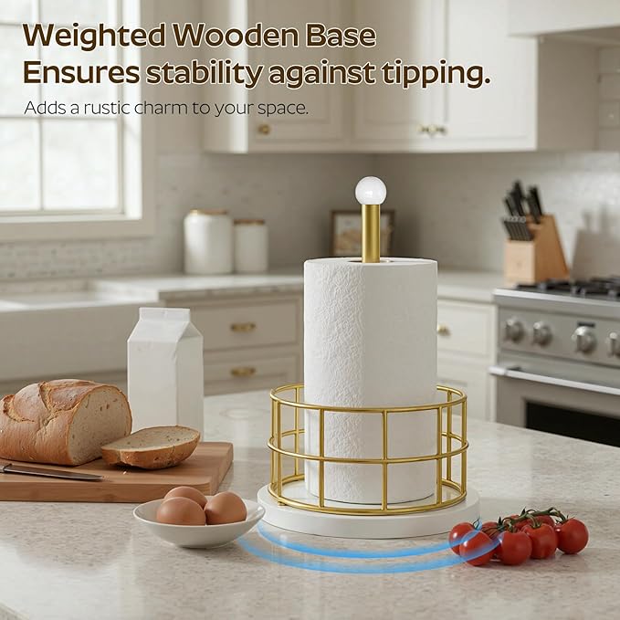 Paper Towel Holder, Kitchen Paper Towel Holder for Countertop, Gold Paper Towel Stand with Wooden Base, Freestanding Kitchen Roll Holder, for Standard Size Rolls, Gold CJ05DW