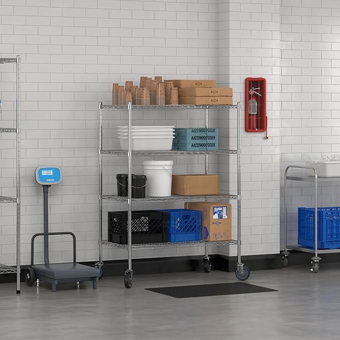 Commercial NSF Listed Chrome Mobile Wire Shelving Kit 24" x 42" x 60", with 4 Shelves Perfect for Warehouse, Walk-in Refrigerator, Freezer, Grocery Store, Restaurant, Dishroom