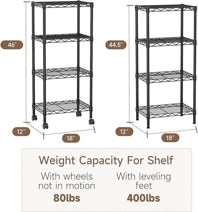 4 Tier Adjustable Storage Shelves Metal Utility Shelf Wire Shelving Unit Organizer Rack for Home Kitchen Office Bathroom Pantry Room 12" D x 18" W x 44" H